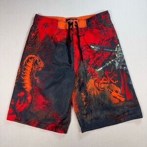 MMA Elite 10" Swim Shorts Men S Red Mesh Lined Snake Chinese Character Asian Y2K